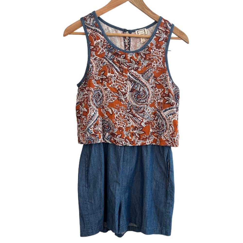 Mo:vint New York Paisley Print Chambray Linen Romper